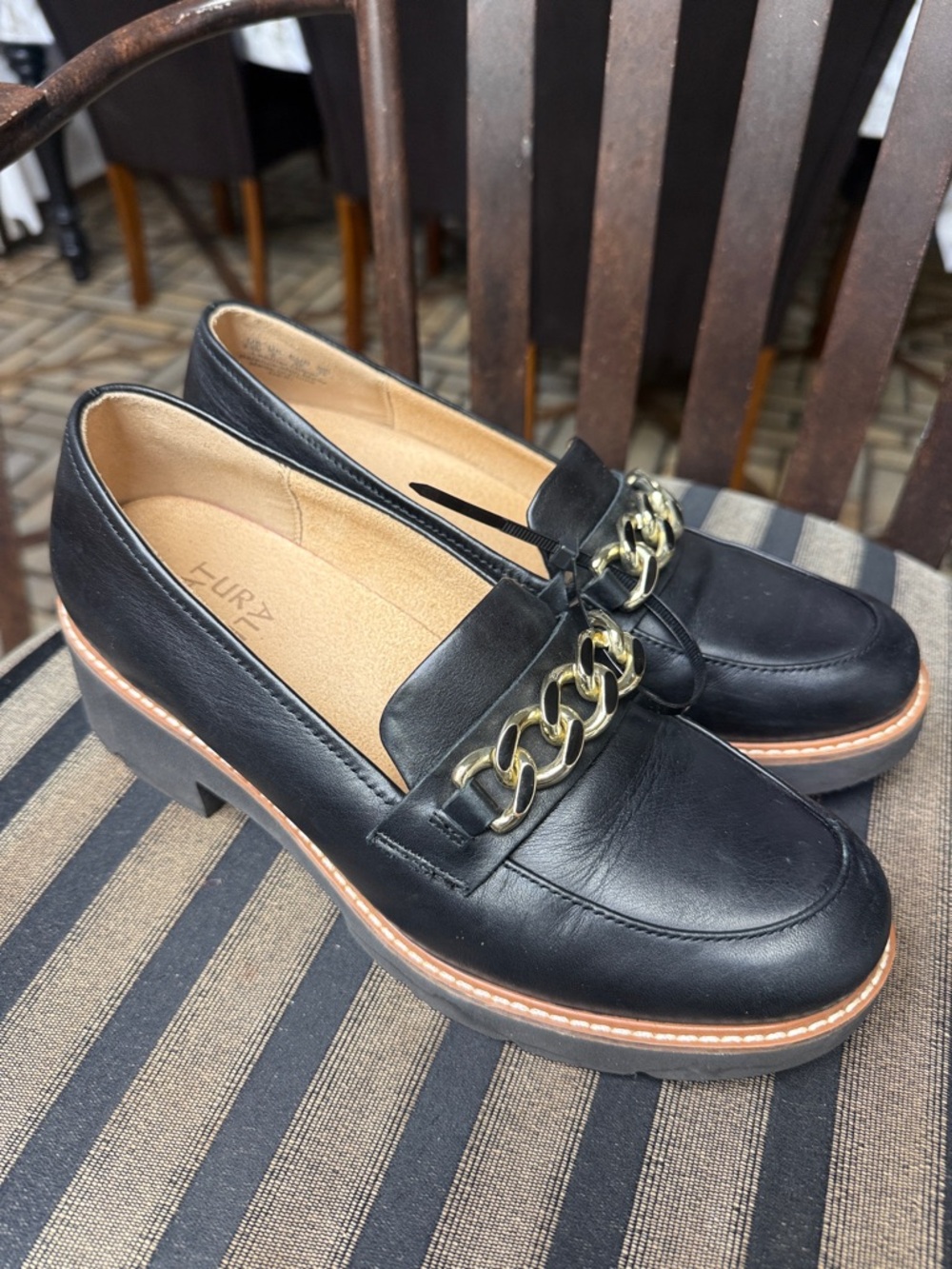 Naturalizer Black Leather Loafers with Gold Chain Trim